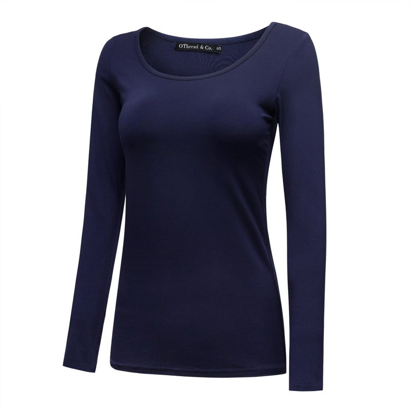 OThread & Co. Women's Long Sleeve T-Shirt Scoop Neck Basic Layer Stretchy Shirts (Medium, Navy) - Image 2